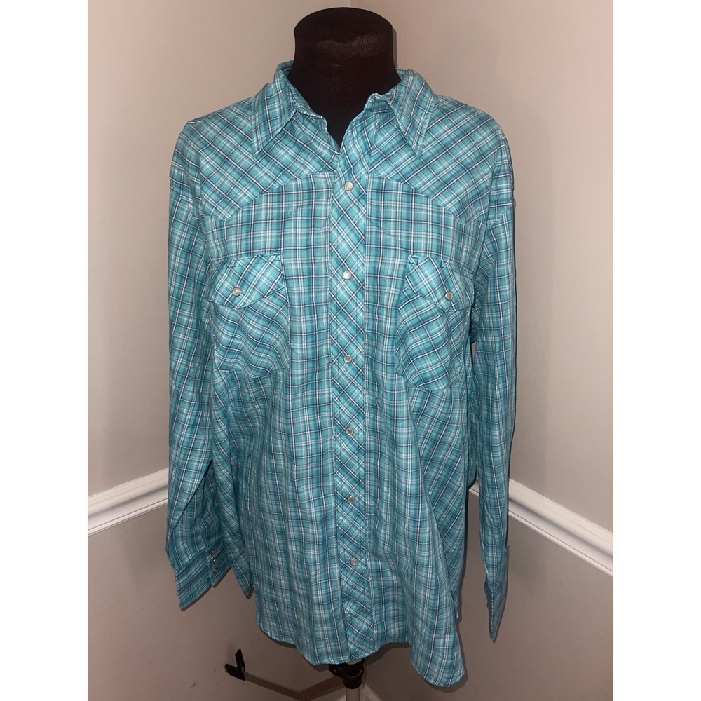 Wrangler Men's Western Cowboy Plaid Pearl Snap Shirt Teal Blue Long Sleeve XL